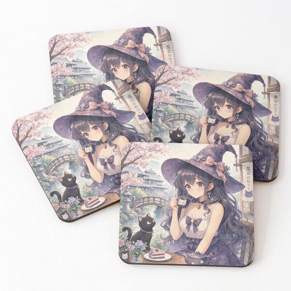 Item preview, Retro Anime Manga Witch and cat enjoying coffee time designed and sold by Vintage Designs +.