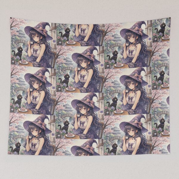 Item preview, Retro Anime Manga Witch and cat enjoying coffee time designed and sold by Vintage Designs +.