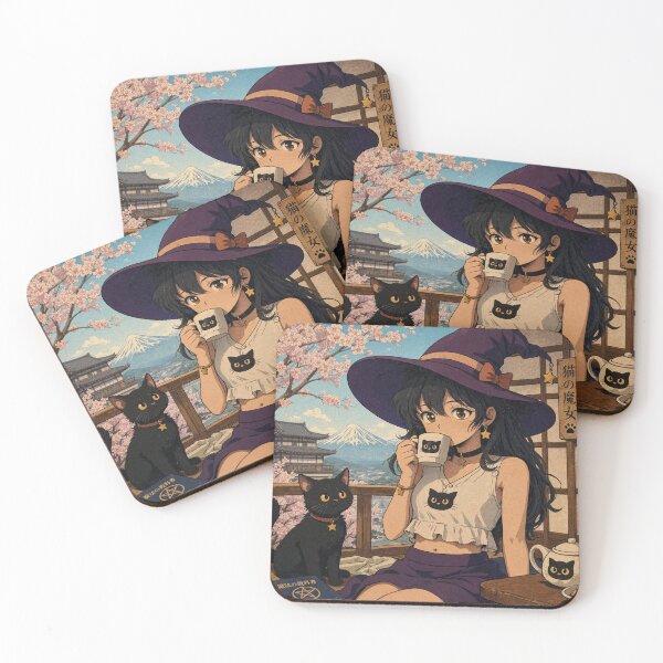 Item preview,  Retro Anime Manga Witch and cat enjoying coffee time designed and sold by Vintage Designs +.