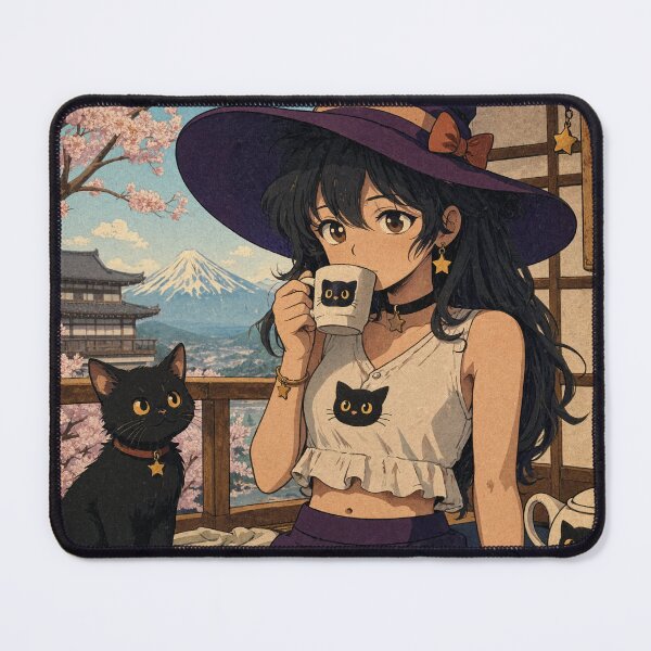 Item preview, Retro Anime Manga Witch and cat enjoying coffee time designed and sold by Vintage Designs +.