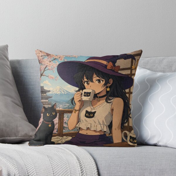 Item preview,  Retro Anime Manga Witch and cat enjoying coffee time designed and sold by Vintage Designs +.