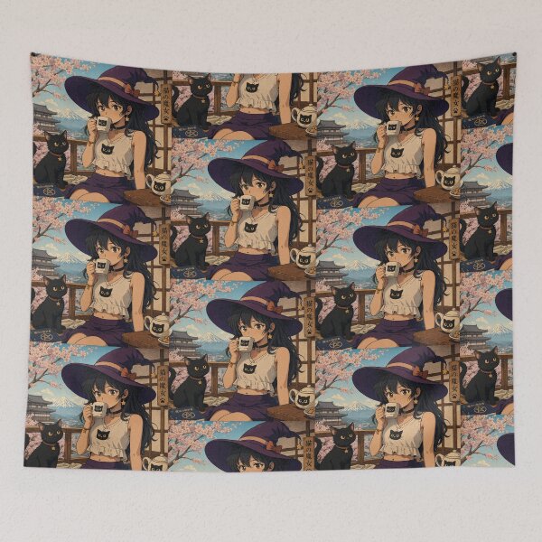 Item preview,  Retro Anime Manga Witch and cat enjoying coffee time designed and sold by Vintage Designs +.