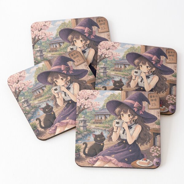 Item preview, Retro Anime Manga Witch and cat enjoying coffee time designed and sold by Vintage Designs +.