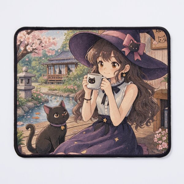 Item preview, Retro Anime Manga Witch and cat enjoying coffee time designed and sold by Vintage Designs +.