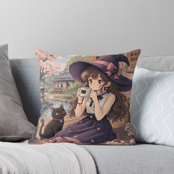 Item preview, Retro Anime Manga Witch and cat enjoying coffee time designed and sold by Vintage Designs +.