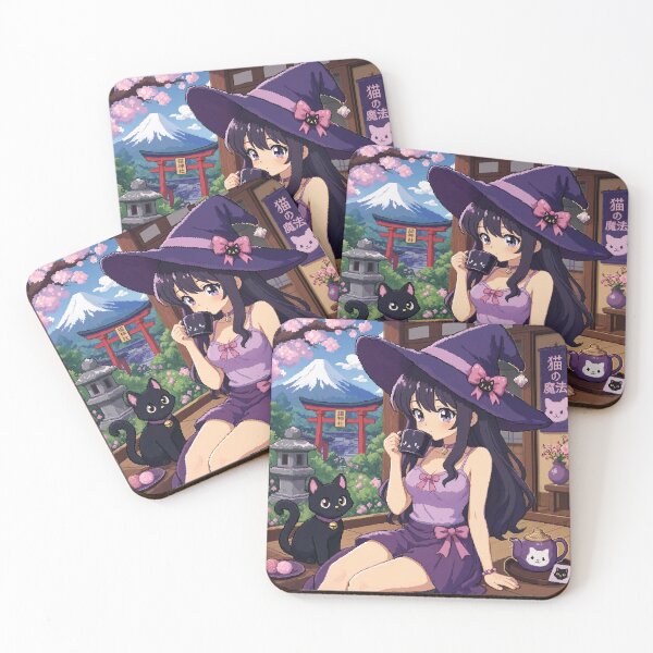 Item preview, Retro Anime Manga Witch and cat enjoying coffee time designed and sold by Vintage Designs +.