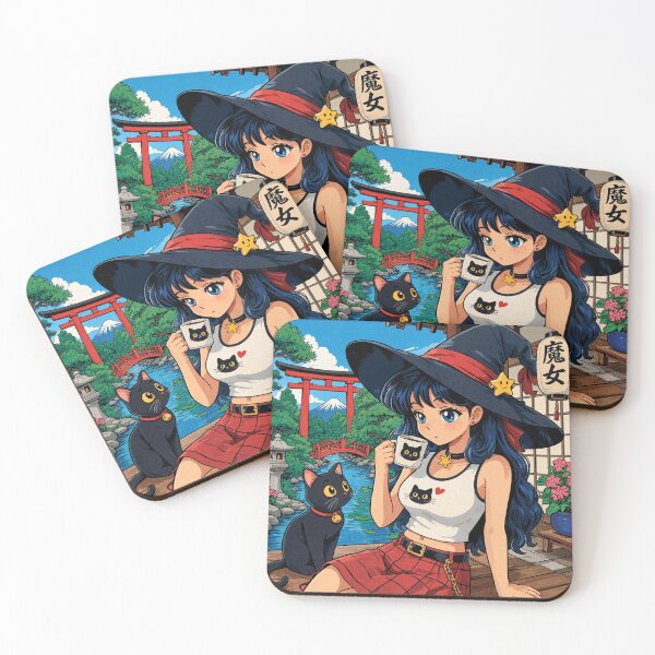 Item preview, Retro Anime Manga Witch and cat enjoying coffee time designed and sold by Vintage Designs +.