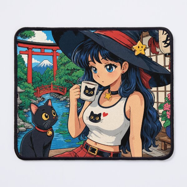 Item preview, Retro Anime Manga Witch and cat enjoying coffee time designed and sold by Vintage Designs +.