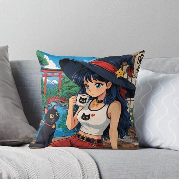 Item preview, Retro Anime Manga Witch and cat enjoying coffee time designed and sold by Vintage Designs +.
