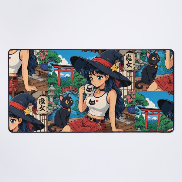 Item preview, Retro Anime Manga Witch and cat enjoying coffee time designed and sold by Vintage Designs +.