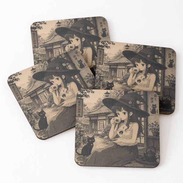 Item preview, Retro Anime Manga Witch and cat enjoying coffee time designed and sold by Vintage Designs +.