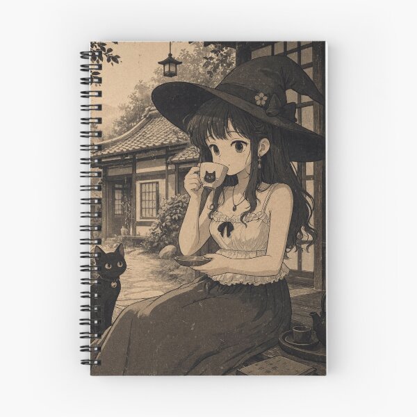 Item preview, Retro Anime Manga Witch and cat enjoying coffee time designed and sold by Vintage Designs +.