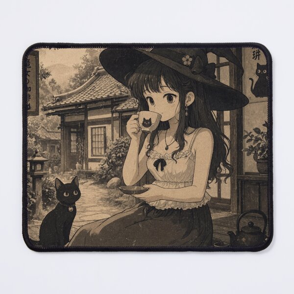 Item preview, Retro Anime Manga Witch and cat enjoying coffee time designed and sold by Vintage Designs +.