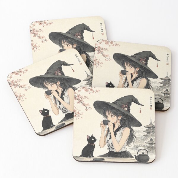 Item preview, Retro Anime Manga Witch and cat enjoying coffee time designed and sold by Vintage Designs +.
