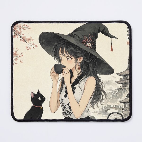 Item preview, Retro Anime Manga Witch and cat enjoying coffee time designed and sold by Vintage Designs +.