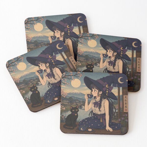Item preview, Retro Anime Manga Witch and cat enjoying coffee time designed and sold by Vintage Designs +.