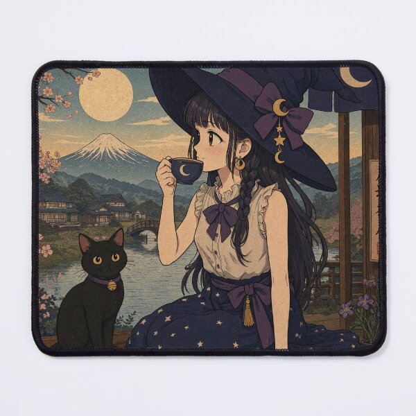 Item preview, Retro Anime Manga Witch and cat enjoying coffee time designed and sold by Vintage Designs +.