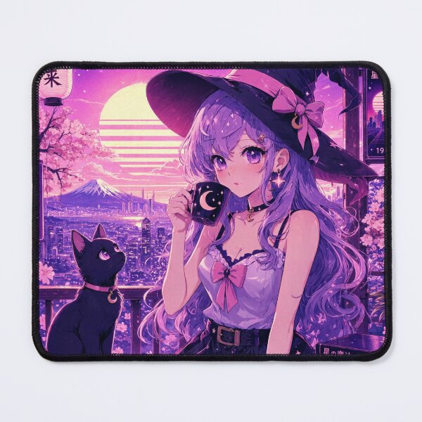 Item preview, Retro Anime Manga Witch and cat enjoying coffee time designed and sold by Vintage Designs +.