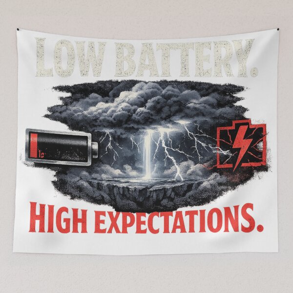 Item preview, Low Battery High Expectations – Funny 1% Battery Storm Streetwear T-Shirt designed and sold by ROHIT DHAMECHA.