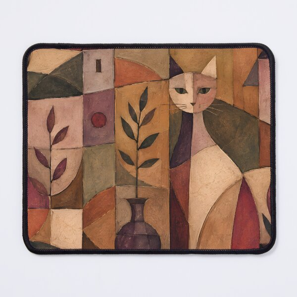 Item preview, Cubist Cat Abstract Oil Painting Print | Geometric Feline Wall Art | Mid-Century Modern Patchwork Canvas Art | Terracotta & Muted Purple Animal Artwork designed and sold by SergioMiklos.