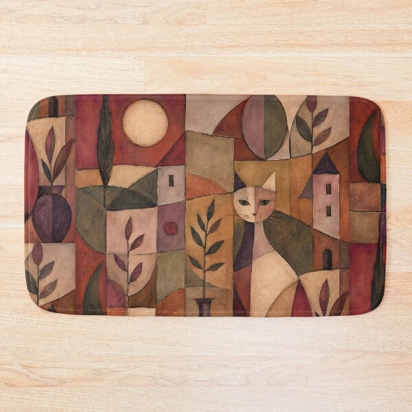 Item preview, Cubist Cat Abstract Oil Painting Print | Geometric Feline Wall Art | Mid-Century Modern Patchwork Canvas Art | Terracotta & Muted Purple Animal Artwork designed and sold by SergioMiklos.