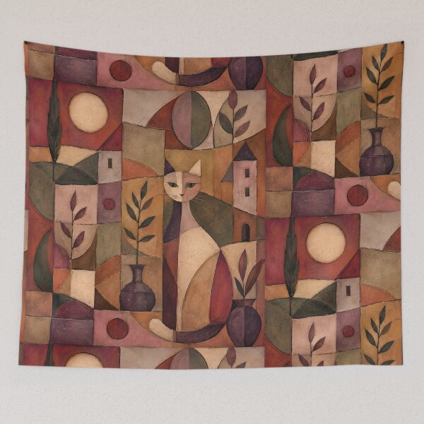 Item preview, Cubist Cat Abstract Oil Painting Print | Geometric Feline Wall Art | Mid-Century Modern Patchwork Canvas Art | Terracotta & Muted Purple Animal Artwork designed and sold by SergioMiklos.