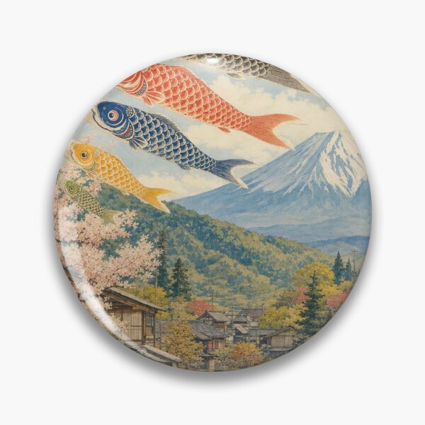 Item preview, Koinobori Over a Japanese Village with Mount Fuji and Cherry Blossoms designed and sold by vekotpu.