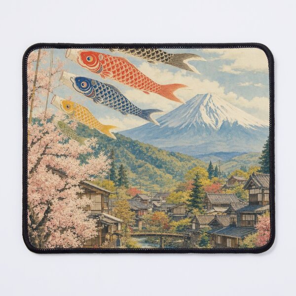 Item preview, Koinobori Over a Japanese Village with Mount Fuji and Cherry Blossoms designed and sold by vekotpu.