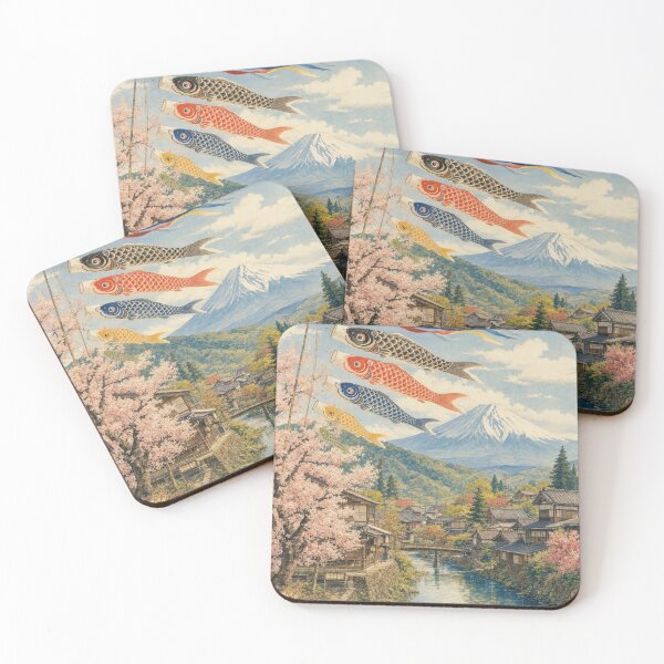 Item preview, Koinobori Over a Japanese Village with Mount Fuji and Cherry Blossoms designed and sold by vekotpu.