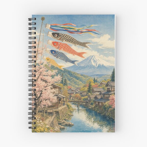 Item preview, Koinobori Over a Japanese Village with Mount Fuji and Cherry Blossoms designed and sold by vekotpu.
