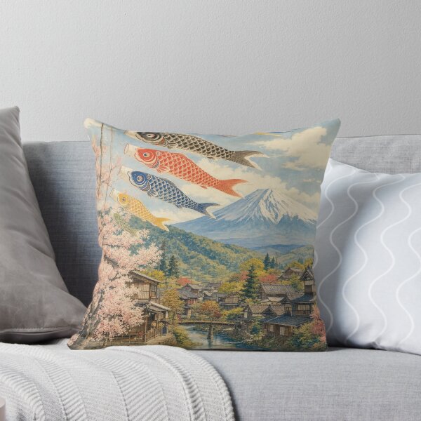 Item preview, Koinobori Over a Japanese Village with Mount Fuji and Cherry Blossoms designed and sold by vekotpu.