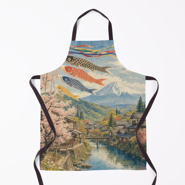 Item preview, Koinobori Over a Japanese Village with Mount Fuji and Cherry Blossoms designed and sold by vekotpu.