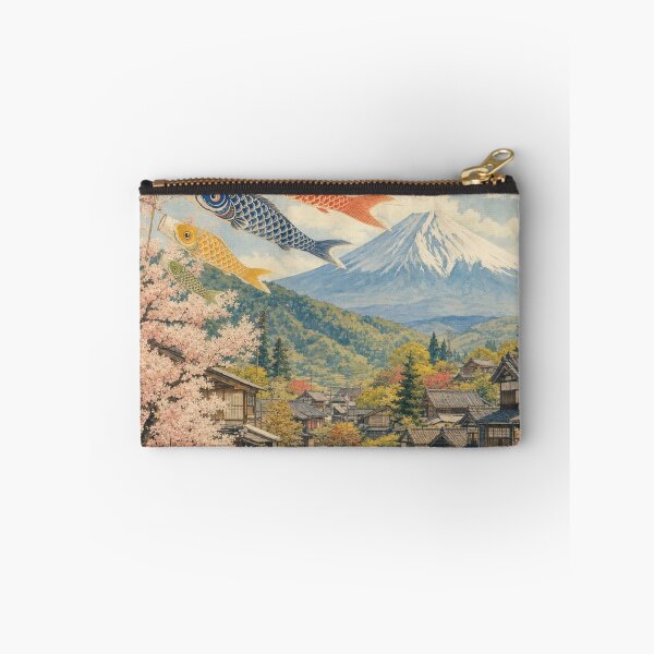 Item preview, Koinobori Over a Japanese Village with Mount Fuji and Cherry Blossoms designed and sold by vekotpu.