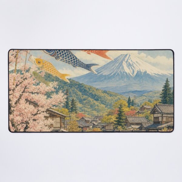 Item preview, Koinobori Over a Japanese Village with Mount Fuji and Cherry Blossoms designed and sold by vekotpu.
