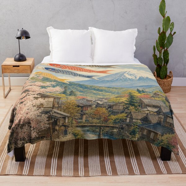 Item preview, Koinobori Over a Japanese Village with Mount Fuji and Cherry Blossoms designed and sold by vekotpu.