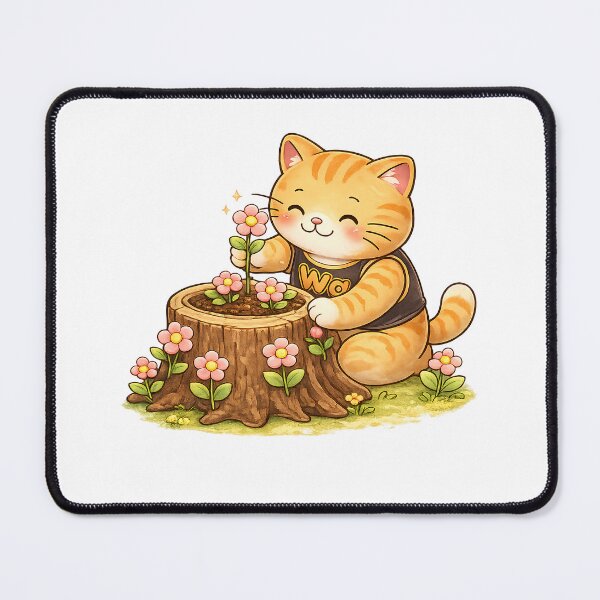 Item preview, Kawaii Orange Cat Decorating a Tree Stump with Flowers Cute Cartoon Animal designed and sold by Wawa5656.