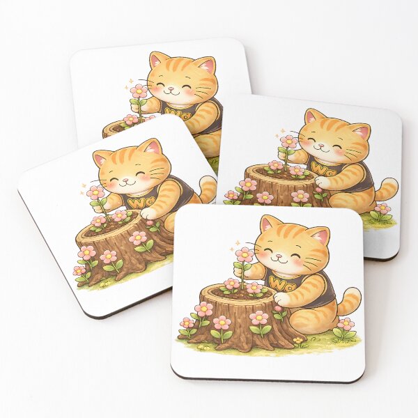 Item preview, Kawaii Orange Cat Decorating a Tree Stump with Flowers Cute Cartoon Animal designed and sold by Wawa5656.