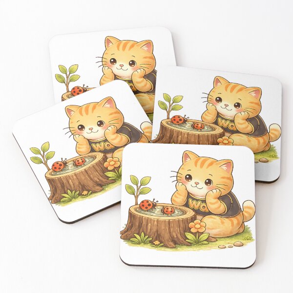 Item preview, Kawaii Orange Cat Watching Ladybugs Cute Cartoon Animal Design designed and sold by Wawa5656.