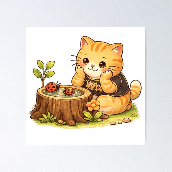 Item preview, Kawaii Orange Cat Watching Ladybugs Cute Cartoon Animal Design designed and sold by Wawa5656.