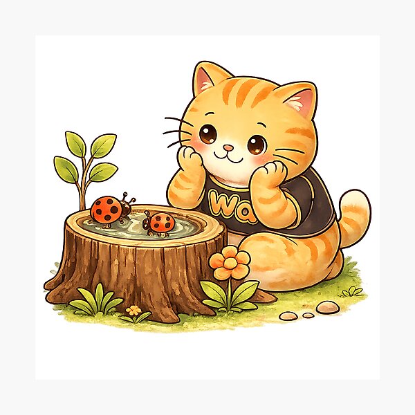 Item preview, Kawaii Orange Cat Watching Ladybugs Cute Cartoon Animal Design designed and sold by Wawa5656.