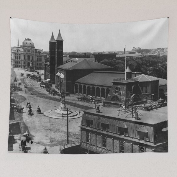 Item preview, Providence, R.I. Old Railroad Station, Exchange Place, Kennedy Plaza, and Providence City Hall black and white fine art black and white vintage photograph designed and sold by Astrid Arkhangelsky.