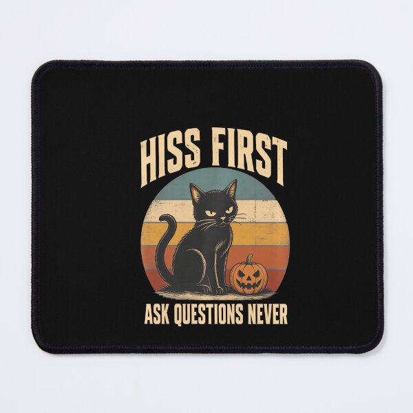Item preview, Hiss First Ask Questions Never Halloween Cat On Retro Sunset Pullover designed and sold by ChaosColorCo.