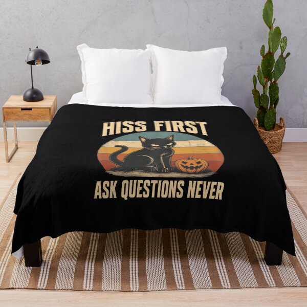 Item preview, Hiss First Ask Questions Never Halloween Cat On Retro Sunset Pullover designed and sold by ChaosColorCo.