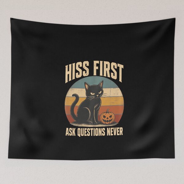 Item preview, Hiss First Ask Questions Never Halloween Cat On Retro Sunset Pullover  designed and sold by ChaosColorCo.