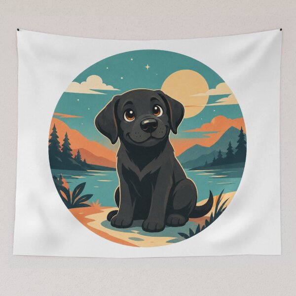 Item preview, Adventurous Black Labrador – Retro Illustration of a Dog by a Mountain Lake designed and sold by Goodthingstree.