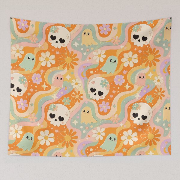Item preview, Retro 70s Wavy Daisy Skull Pattern designed and sold by Thai Vibe Studio.