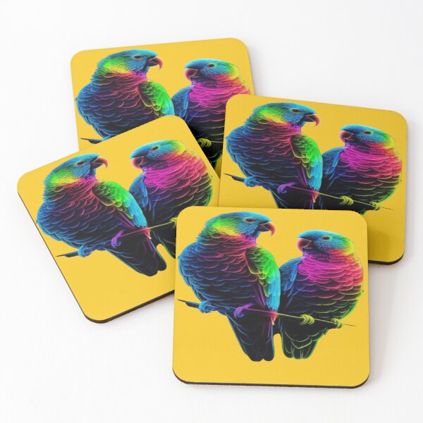 Item preview, The Colorful Duo of Tropical Love, Neon Rainbow Parrots - Pair of Parrots with Multicolored Feathers on a Black Background designed and sold by RAYBIL.