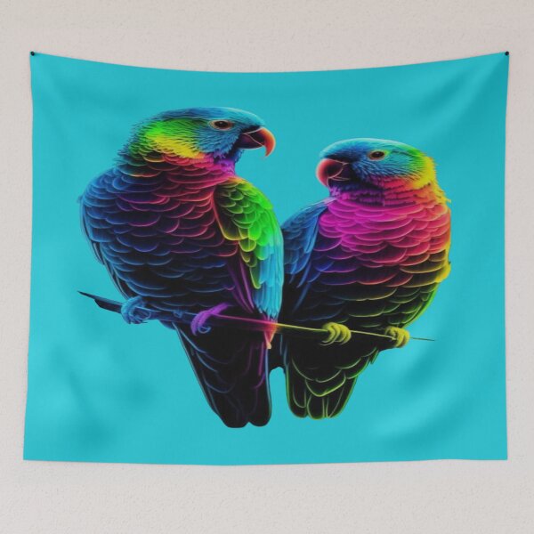 Item preview, The Colorful Duo of Tropical Love, Neon Rainbow Parrots - Pair of Parrots with Multicolored Feathers on a Black Background designed and sold by RAYBIL.