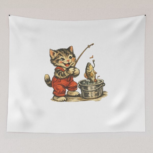 Item preview, Vintage Cat Fishing – Cute Retro Kitten with Fish designed and sold by Gbriel3.