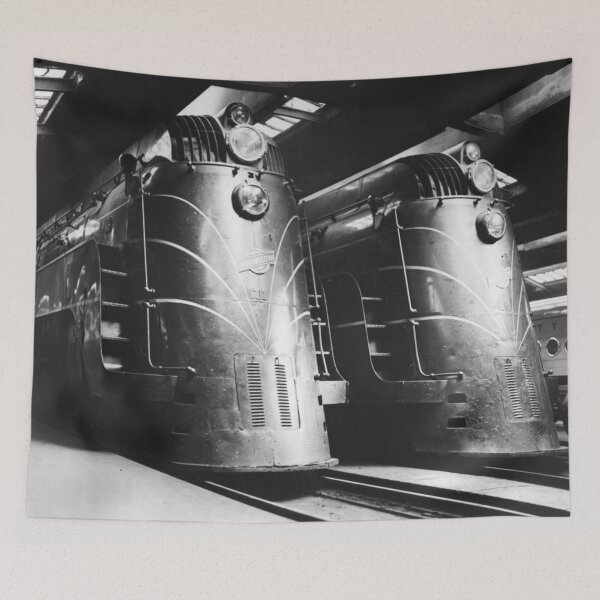 Item preview, Chicago and North Western E-4 Pacific's Streamline trains in Chicago train station black and white vintage fine art print photograph designed and sold by Astrid Arkhangelsky.
